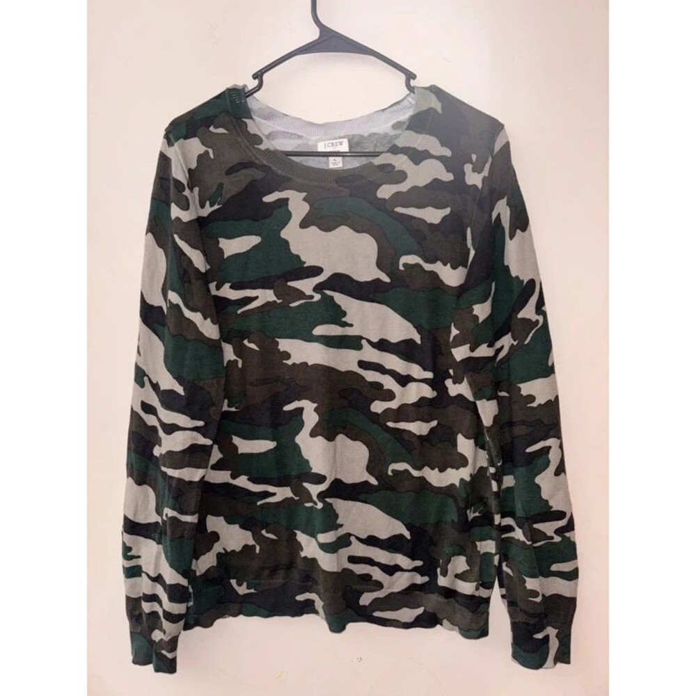J.Crew Teddie Camo Crewneck Sweater Green Camouflage Cotton Long Sleeve Size L